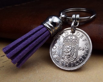 1964 Mauve Tassel Scottish Shilling Coin Keyring 60th Birthday Gift Birth Year Keepsake Small Sentimental Present Him Her Military Xmas UK