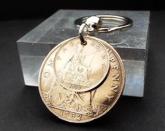 1932 British Penny Farthing Keyring Genuine Coin 94th Birthday Gift Birth Year Keepsake