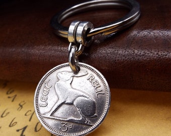 1946 Small Irish 3 Pence Coin Keychain Coinring  80th Birthday Gift