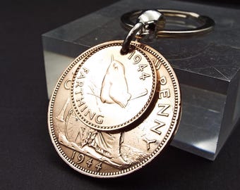 1944 Original Design Penny Farthing Double Coins Keyring UK 82nd Birthday Gift Birthyear Keepsake Keyring Men Women Fast Dispatch Letterbox
