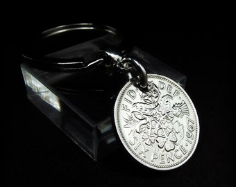 1967 Sixpence Coin Keyring 57th Birthday Gift UK Lucky British Coin Keychain Men Women Him Her Anniversary Idea Retirement Present