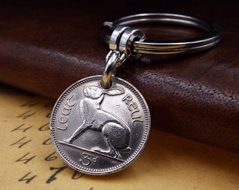 1961 Small Irish 3 Pence Keychain Coin Gift Pagan Hare Rabbit  63rd Birthday Gift