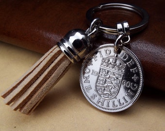 64th Birthday Gift, 1960 English Shilling Beige Tassel Coin Keyring