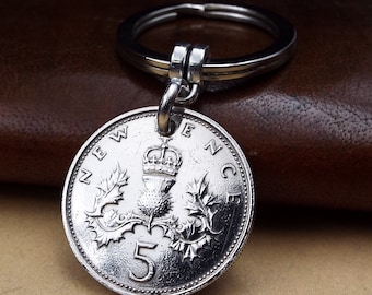 1970 British Five Pence 5p Coin Keyring 54th Birthday Gift for Men Women Him Her in the UK Anniversary Retirement Birth Year Keepsake Ideas