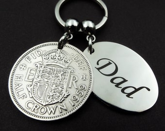 1959 Half Crown DAD British Coin Keyring 65th Birthday Gift Birth Year Sentimental Vintage Keepsake Him Men Fathers Day Metal Keyfob UK