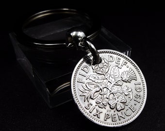 1961 British Sixpence Coin Keyring 65th Birthday Gift Both Heads and Tails Visible