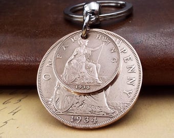 The Original 1934 British Penny Farthing Double Coins Keyring 92nd Birthday Gift Birthyear Keepsake