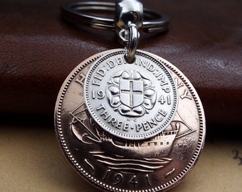 1941 British Threepence Ha'penny Double Coins Keyring UK  85th Birthday Gift Birthyear Keepsake