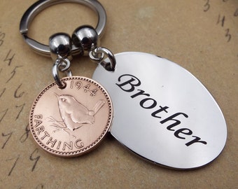 1944 Farthing BROTHER Keyring 80th Birthday Gift Present Idea Vintage Birth Year Bronze Coin Recycled Father Day Keepsake Men Him UK Memento