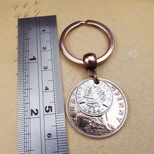 1934 British Threepence Ha'penny Double Coins Keyring UK 90th Birthday Gift Birthyear Keepsake Keyring for Men Women Him Her Upcycle Recycle image 3