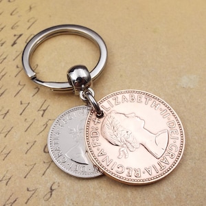 Original 1964 British Sixpence Ha'penny Double Coin Keyring 60th Birthday Gift Small Sentimental Birth Year Keepsake Him Her Men Women UK image 8