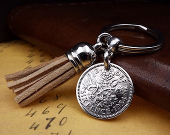 1954 British Sixpence Beige Tassel Keyring for Men Women Him Her 72nd Birthday Gift Nostalgic Keepsake Ideas Wedding Anniversary Retirement