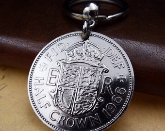 1966 British Half Crown Keyring 60th Birthday Gift Anniversary Ideas Retirement Present Recycled Vintage Antique Coin Birth Year Keepsake