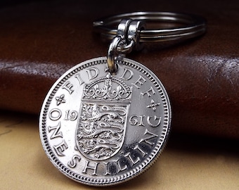 Porte-clés en shilling anglais 1961, cadeau du 63e anniversaire du Queens Shilling, cadeau militaire pour la retraite des forces armées britanniques, hommes femmes, lui et elle Royaume-Uni