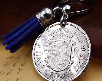 1953 UK Half Crown Coin Blue Tassel Keyring 71st Birthday Gift Birth Year Keepsake Retirement Anniversary Present Ideas Men Women Him Her