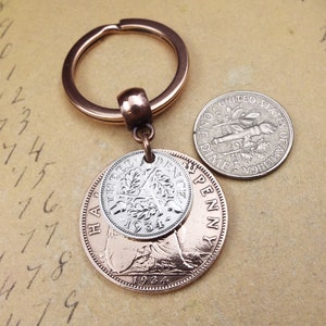 1934 British Threepence Ha'penny Double Coins Keyring UK 90th Birthday Gift Birthyear Keepsake Keyring for Men Women Him Her Upcycle Recycle image 7