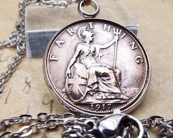 Genuine 1917 Farthing Coin Stainless Steel Chain Necklace Men and Women's Costume Jewellery