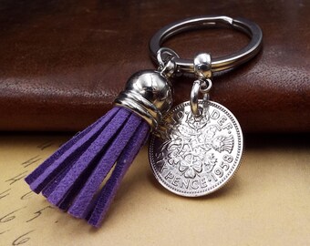 1958 Lucky Sixpence Coin Mauve Tassel Keyring 68th Birthday Gift Birth Year Keepsake
