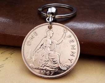 1947 Bronze Penny Keyring 79th Birthday British Coin Keepsake Gift