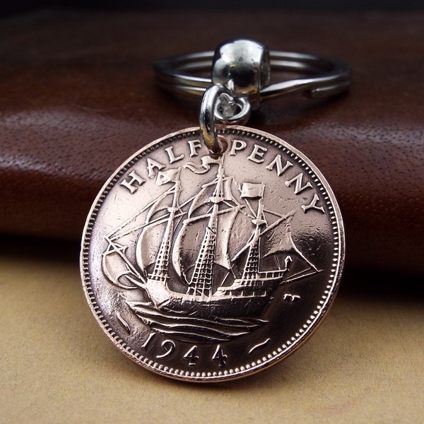 1944 Bronze Half Penny British Coin Keyring Keychain Ship  Galleon Naval Interest Anniversary Present Retirement Idea 80th Birthday Gift