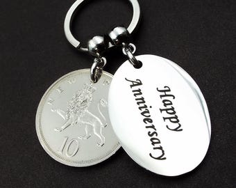 Genuine 1976 British 10p Coin Keyring Happy Anniversary Tag 50th Keepsake