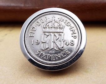 1948 Sixpence Coin Lapel Tie Pin Brooch 22mm Men and Women's Costume Jewellery