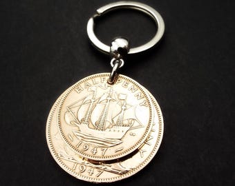 1947 British Penny Ha’penny Original Design Double Bronze Coin Keyring 79th Birthday Gift