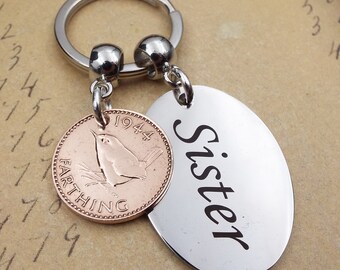 SISTER 1944 Farthing Keyring 80th Birthday Gift Present Idea Birth Year Bronze Coin Recycled Vintage Mothers Day Keepsake Women Her in UK