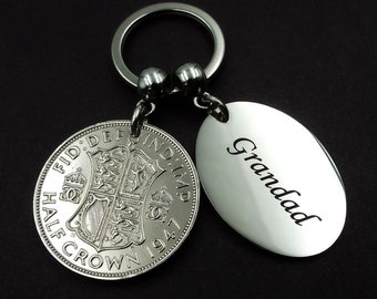 GRANDAD 1947 Half Crown British Coin Keyring 77th Birthday Gift Birth Year Metal Keepsake Charm Keychain For Men Him Fathers Day UK