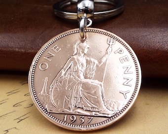 1937 British Bronze Penny Coin Keyring 89th Birthday Gift Birth Year Keepsake Lucky Penny Anniversary Retirement Keepsake Him Her Men Women