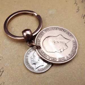 1934 British Threepence Ha'penny Double Coins Keyring UK 90th Birthday Gift Birthyear Keepsake Keyring for Men Women Him Her Upcycle Recycle image 8