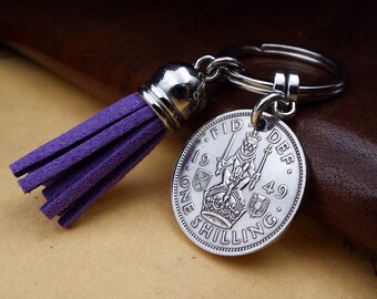 75th Birthday Gift 1949 SCOTTISH Shilling Purple Tassel Coin Keyring, Anniversary Gift,