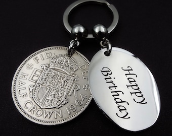 1964 HAPPY BIRTHDAY Half Crown Coin Keyring 60th Birthday Gift Birth Year Keepsake Him Her Men Women Grandad Friend Mum Dad Brother Sister