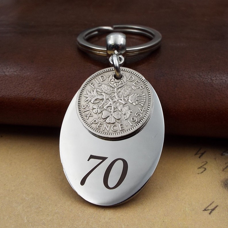 1954 70th Birthday Gift Sixpence Coin Keyring Stainless Steel Tag Small Sentimental Keepsake Nostalgic Anniversary Present Idea Men Women UK Bild 2