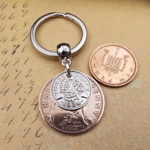 Porte-clés double pièces 3 pence Ha'penny britannique 1934 Royaume-Uni 90e anniversaire cadeau souvenir d'anniversaire porte-clés pour homme femme lui-même recyclage recyclage image 7