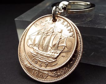 1967 Penny Hapenny Half Penny British Coin Keyring  59th Birthday Gift