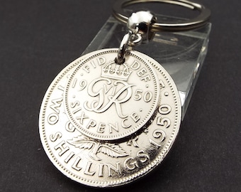 1950 'Two And Six' Double Coins Keyring  76th birthday gift, 2 Shillings and Sixpence