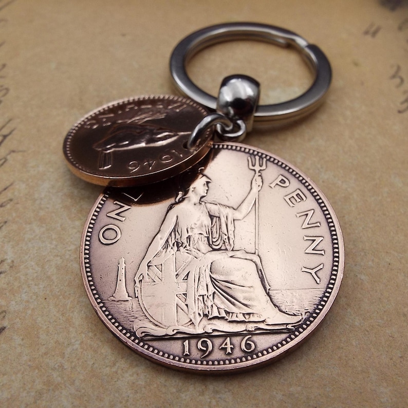 Puede incluir: Un llavero de color cobre con dos monedas brit&aacute;nicas antiguas. La moneda m&aacute;s grande, fechada en 1946, muestra a Britannia sentada y las palabras "ONE PENNY". La moneda m&aacute;s peque&ntilde;a tambi&eacute;n es de color cobre y tiene un dise&ntilde;o similar. El llavero tiene un anillo plateado.