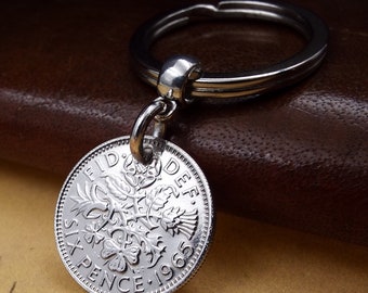 1965 British Sixpence Keyring Lucky Coin 59th Birthday Gift Anniversary Retirement Present UK Him Her Men Women BirthYear Born In Keepsake