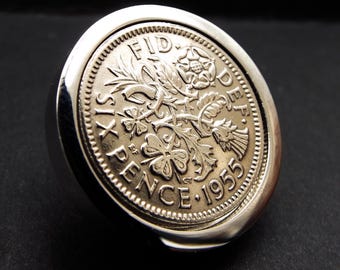 1955 Sixpence Coin Lapel Tie Pin Brooch 22mm Men and Women's Costume Jewellery