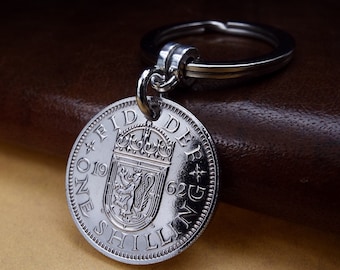 1962 SCOTTISH Shilling Coin Keyring 64th Birthday Gift Birth Year Born In Anniversary Retirement Keepsake Military Queens Shilling UK