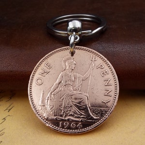 1964 British Bronze Penny Coin Keyring 62nd Birthday Gift Anniversary Idea Retirment Present Unusual Small Token Keepsake in the UK