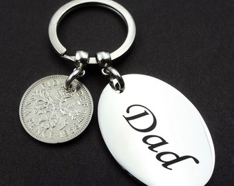 DAD 1958 Lucky Sixpence British Coin Keyring 66th Birthday Gift Upcycled Recycled UK Keepsake Keychain Him His Fathers Day Present