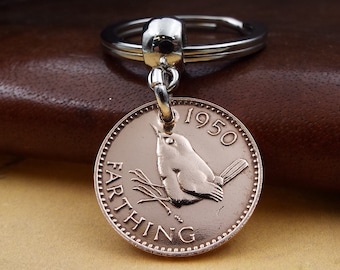 1950 British Farthing Old Vintage Wren Keyring 76th Birthday Gift Genuine Bronze Coin Nostalgic Anniversary Present Him Her Men Women in UK