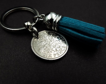 1953 Sixpence Coin Keyring with Teal Tassel – Lucky Keepsake Gift
