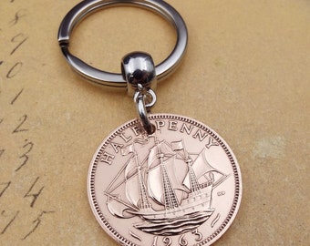 1963 British Half Penny Coin Keyring, Bronze Ship Coin Keychain