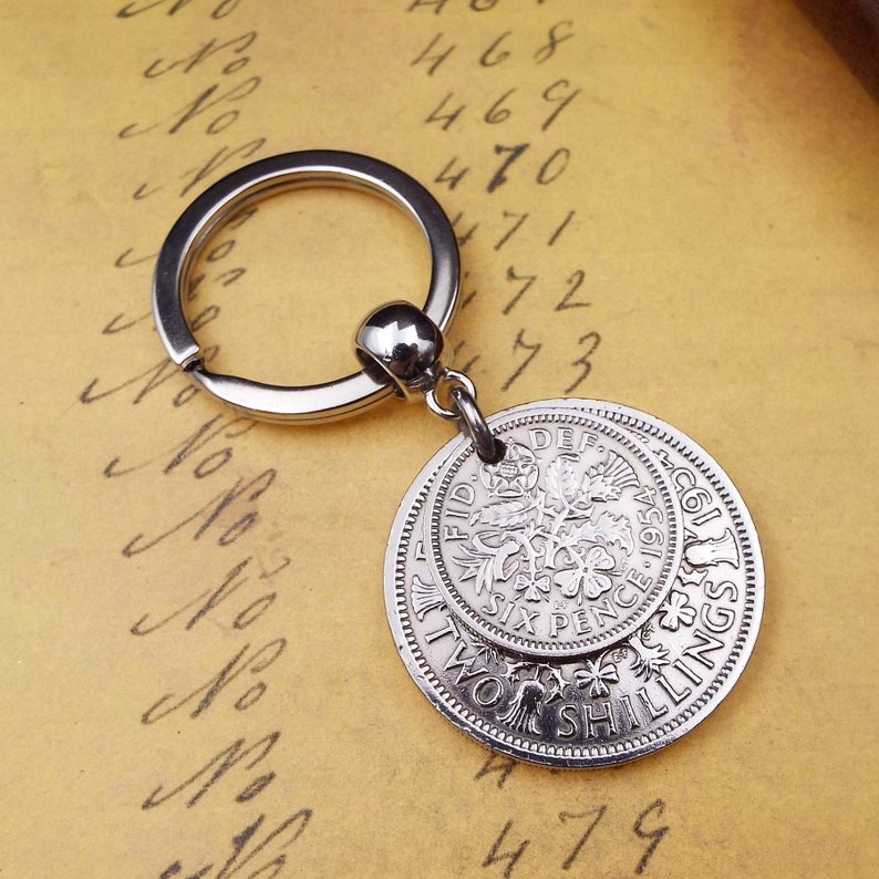 1954 'Two And Six' Double Coins Keychain 70th Birthday Gift 2 Shillings and Sixpence Small Sentimental Keepsake Idea Men Women Him Her UK image 2