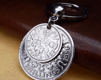 70th Birthday Gift 1956 'Two And Six' British Coins Keychain, 2 Shillings and Sixpence, Anniversary, Retirement Keepsake