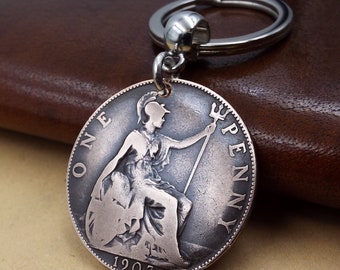 1907 British Penny Bronze Coin Keyring