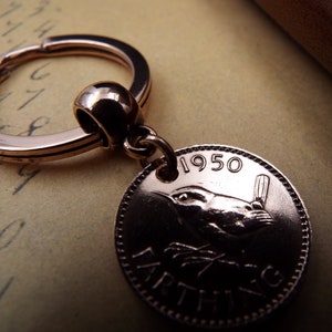 1950 COMPLETE DATE British Farthing Old Vintage Wren Keychain 74th Birthday Gift Genuine Bronze Coin UK image 3